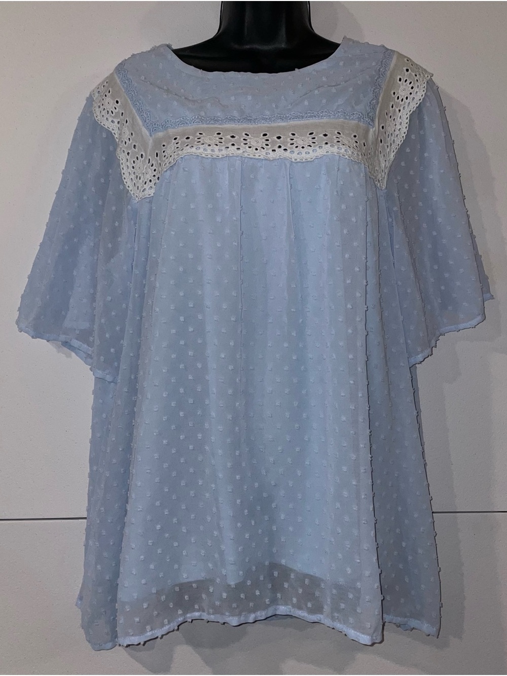 Light Blue Swiss Dot Lace Yoke Blouse